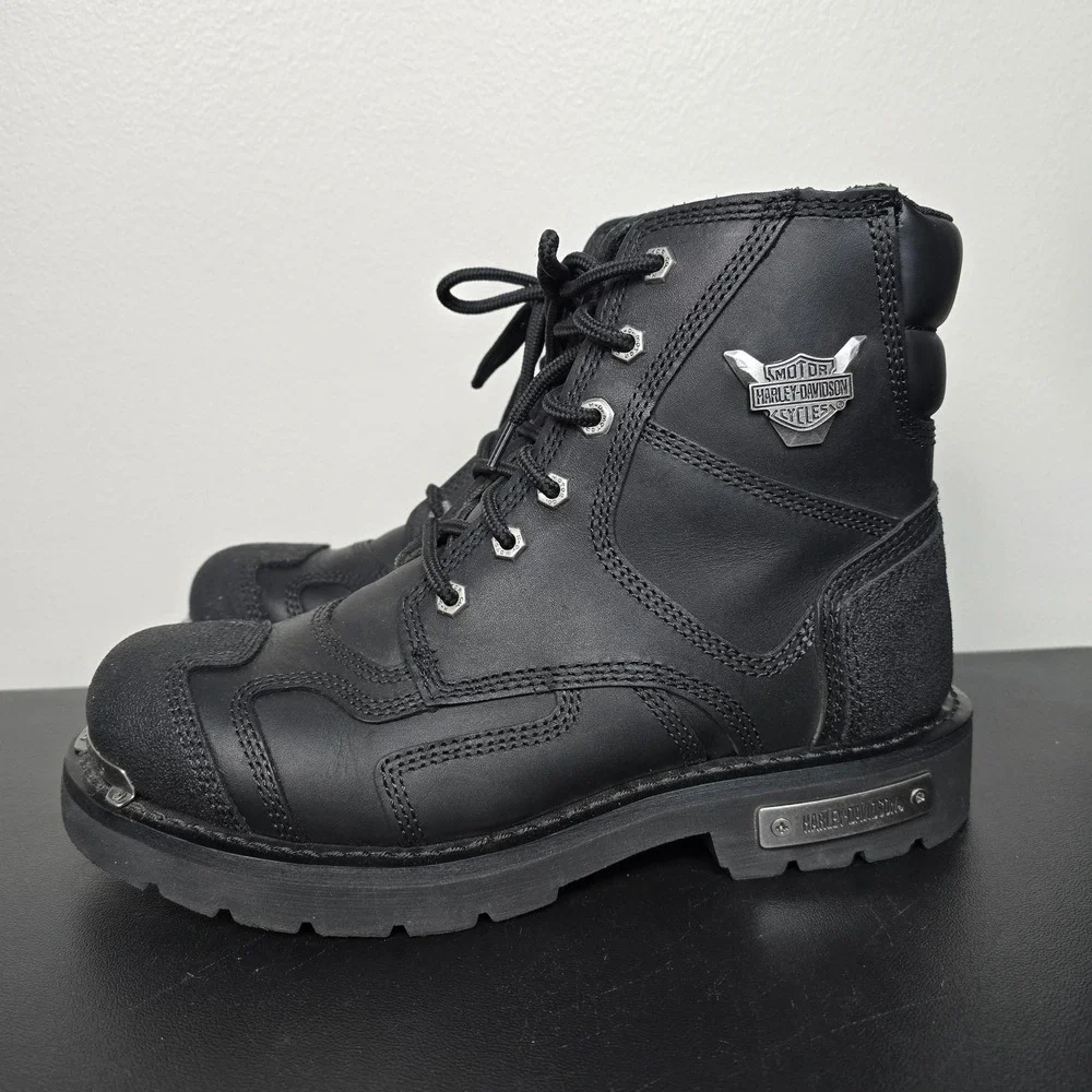 Harley Davidson Boots Mens 10 Black‎ Stealth Leather Biker Lace Up Zip Toe Cap